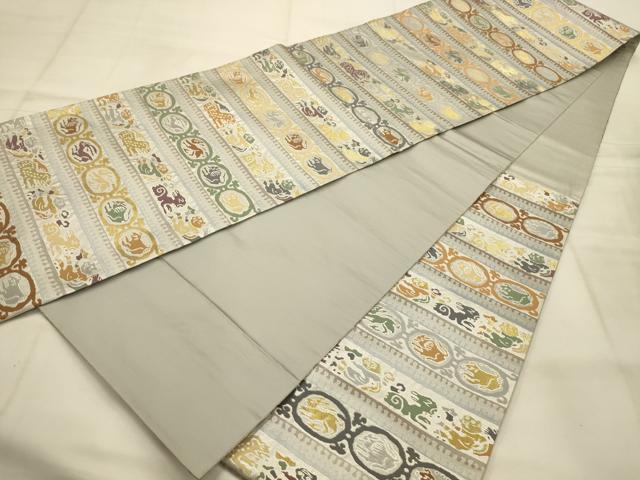 平和屋着物●六通柄袋帯　横段鳥獣文　金銀糸　正絹　逸品　AABJ7641sx