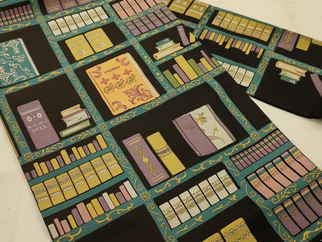 平和屋着物●九寸名古屋帯　螺鈿　本棚　黒地　正絹　逸品　AABJ7643sx