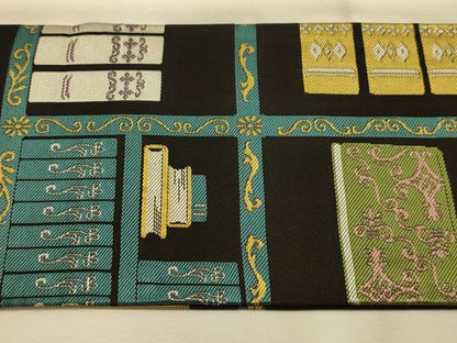 平和屋着物●九寸名古屋帯　螺鈿　本棚　黒地　正絹　逸品　AABJ7643sx