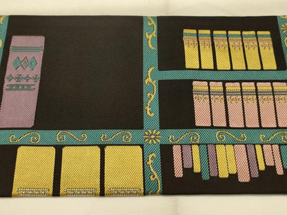 平和屋着物●九寸名古屋帯　螺鈿　本棚　黒地　正絹　逸品　AABJ7643sx