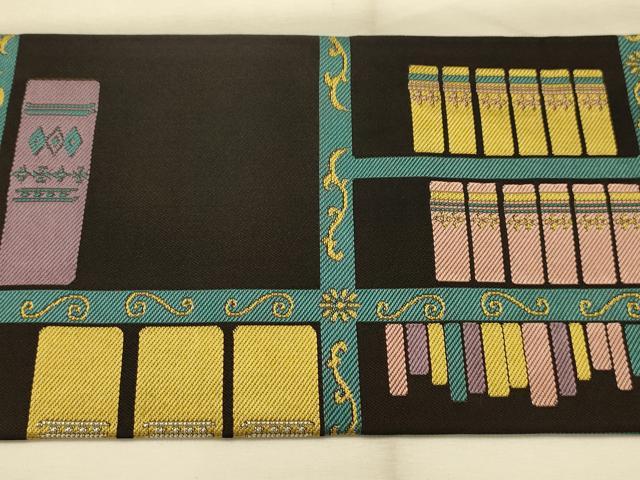 平和屋着物●九寸名古屋帯　螺鈿　本棚　黒地　正絹　逸品　AABJ7643sx