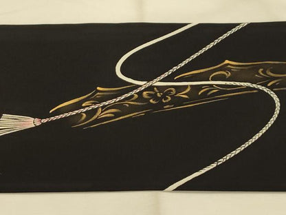 平和屋着物●塩瀬 九寸名古屋帯 花鏡裏文 黒地 金彩 正絹 逸品 AABJ7644sx