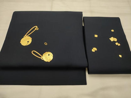 平和屋着物●塩瀬　つけ帯　駒刺繍　鈴　金糸　正絹　逸品　AABJ7647sx