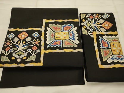 平和屋着物●爪搔き本綴れ　つけ帯　色紙花文　黒地　金銀糸　正絹　逸品　AABJ7650sx