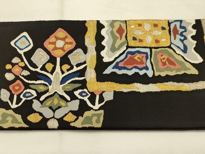 平和屋着物●爪搔き本綴れ　つけ帯　色紙花文　黒地　金銀糸　正絹　逸品　AABJ7650sx