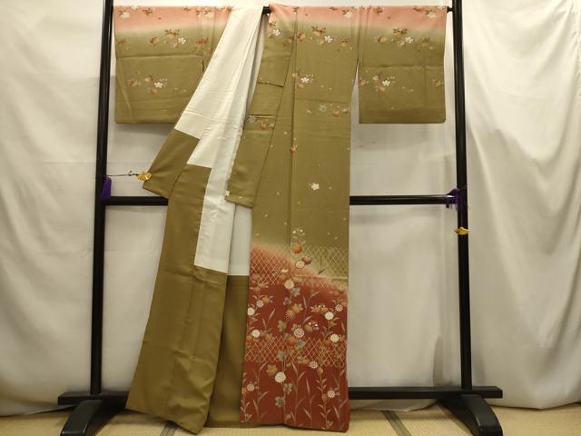 平和屋着物■訪問着　駒刺繍　草花文　暈し染め　金彩　正絹　逸品　AABJ7654sx