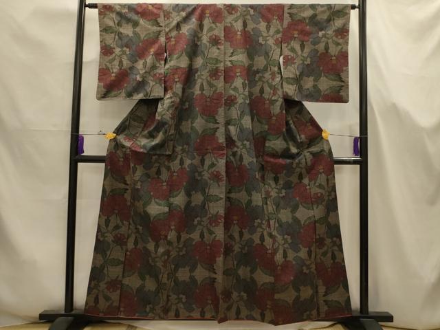 平和屋着物■上質な紬　7マルキ　草花文　正絹　逸品　AABJ7660sx