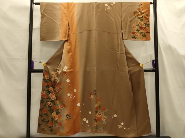 平和屋着物■歌舞伎界の人間国宝 片岡仁左衛門　訪問着　糸巻き花文　暈し染め　金彩　正絹　逸品　AABJ7669sx