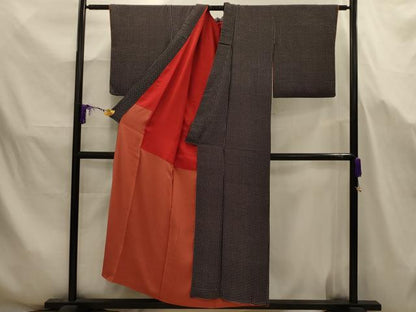 平和屋着物■アンティーク　大正ロマン　小紋　格子　黒地　正絹　逸品　AABJ7674sx