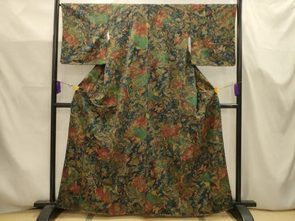 平和屋着物■上質な小紋　更紗花文　鬼しぼ縮緬　正絹　逸品　AABJ7707sx