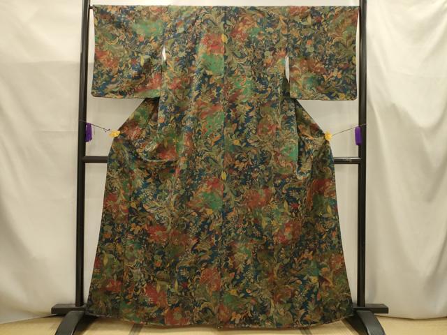平和屋着物■上質な小紋　更紗花文　鬼しぼ縮緬　正絹　逸品　AABJ7707sx