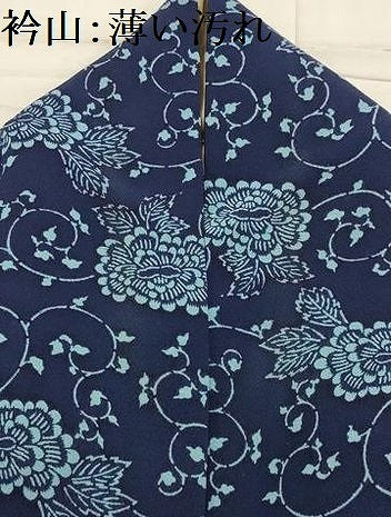 平和屋着物■上質な小紋　本藍　型染め　花唐草文　鬼しぼ縮緬　正絹　逸品　AABJ7723sx