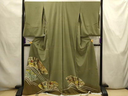 平和屋着物■豪華色留袖　作家物　駒刺繍　地紙人物風景文　金彩　反端付き　仮絵羽　正絹　逸品　未使用　AABJ7726sx
