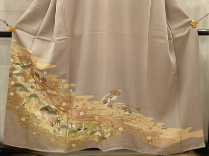 平和屋着物■豪華色留袖　駒刺繍　流水扇面花文　金彩　正絹　逸品　AABJ7794sx