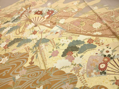 平和屋着物■豪華色留袖　駒刺繍　流水扇面花文　金彩　正絹　逸品　AABJ7794sx