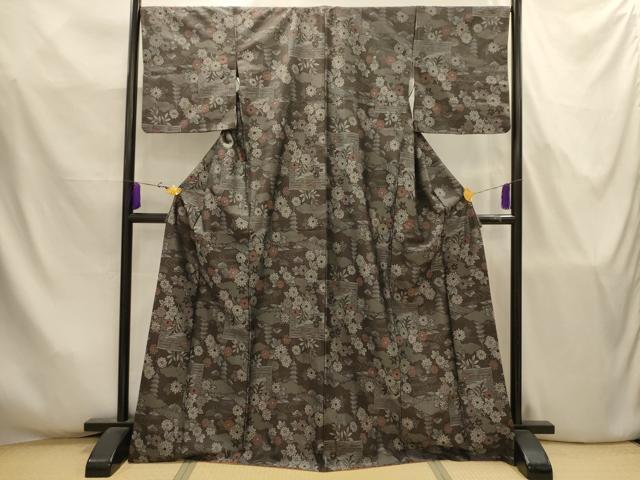 平和屋着物■お召　流水花風景文　正絹　逸品　AABJ7811sx
