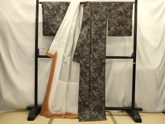 平和屋着物■お召　流水花風景文　正絹　逸品　AABJ7811sx