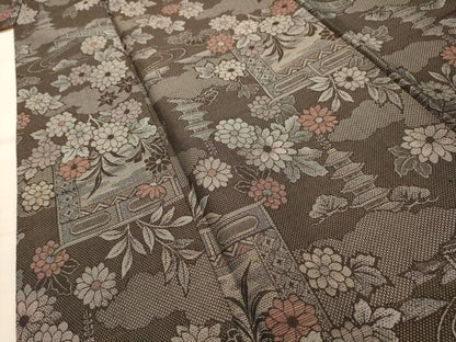 平和屋着物■お召　流水花風景文　正絹　逸品　AABJ7811sx