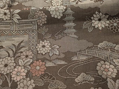 平和屋着物■お召　流水花風景文　正絹　逸品　AABJ7811sx