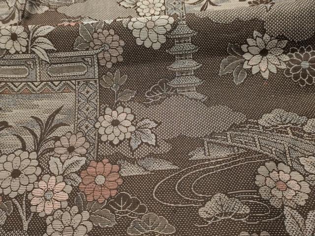 平和屋着物■お召　流水花風景文　正絹　逸品　AABJ7811sx