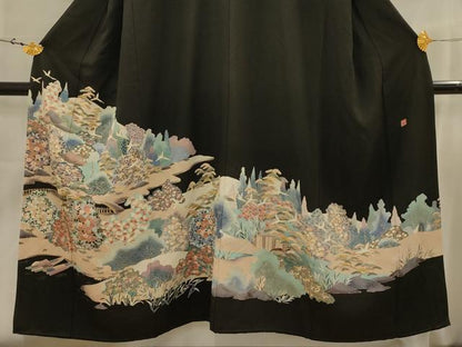 平和屋着物■豪華黒留袖　作家物　松竹梅飛鳥風景文　正絹　逸品　AABJ7823sx