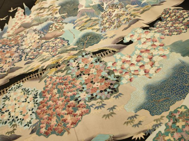 平和屋着物■豪華黒留袖　作家物　松竹梅飛鳥風景文　正絹　逸品　AABJ7823sx