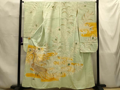 平和屋着物■豪華振袖　手描き　駒刺繍　孔雀文　金彩　正絹　逸品　AABJ7829sx