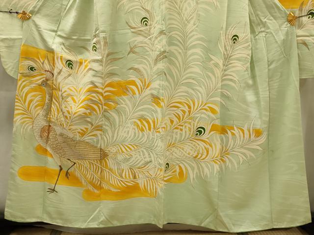 平和屋着物■豪華振袖　手描き　駒刺繍　孔雀文　金彩　正絹　逸品　AABJ7829sx