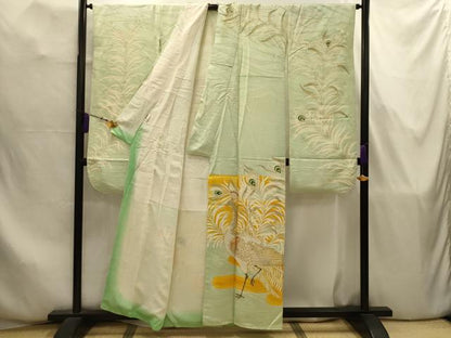 平和屋着物■豪華振袖　手描き　駒刺繍　孔雀文　金彩　正絹　逸品　AABJ7829sx