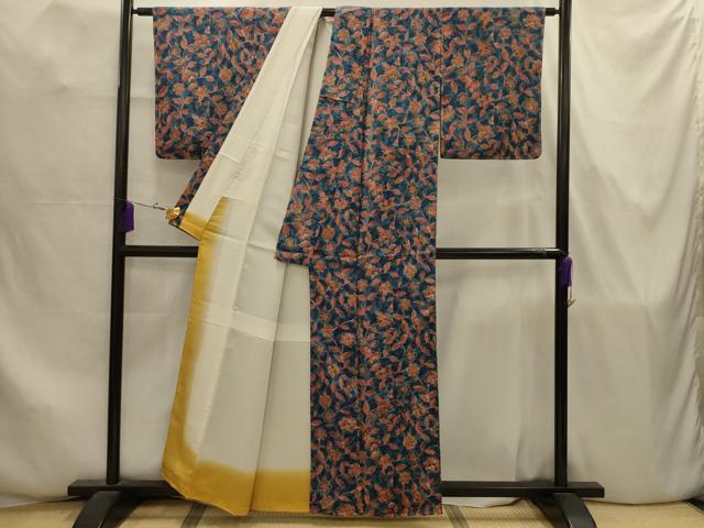 平和屋着物■上質な小紋　紬地　ろうけつ染め　更紗花文　正絹　逸品　AABJ7831sx