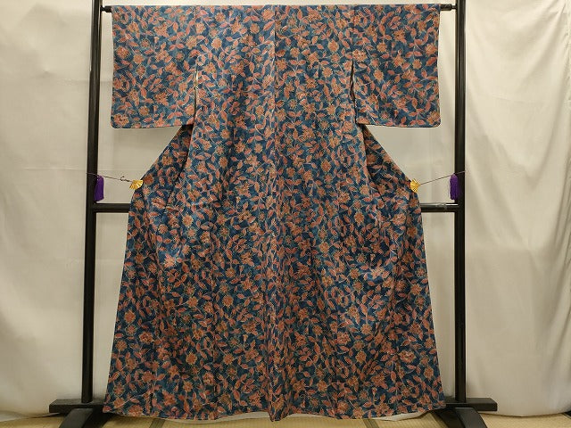 平和屋着物■上質な小紋　紬地　ろうけつ染め　更紗花文　正絹　逸品　AABJ7831sx
