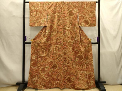 平和屋着物■上質な小紋　摺型友禅　紬地　更紗花文　正絹　逸品　AABJ7832sx