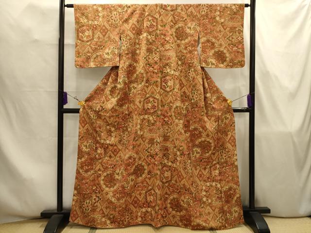 平和屋着物■上質な小紋　摺型友禅　紬地　更紗花文　正絹　逸品　AABJ7832sx