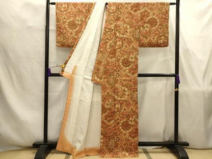 平和屋着物■上質な小紋　摺型友禅　紬地　更紗花文　正絹　逸品　AABJ7832sx