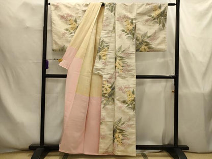 平和屋着物■上質な小紋　寿光織　草花文　銀糸　正絹　逸品　AABJ7835sx