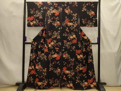 平和屋着物■上質な小紋　ろうけつ染め　枝花文　黒地　正絹　逸品　AABJ7837sx