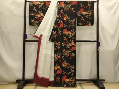 平和屋着物■上質な小紋　ろうけつ染め　枝花文　黒地　正絹　逸品　AABJ7837sx