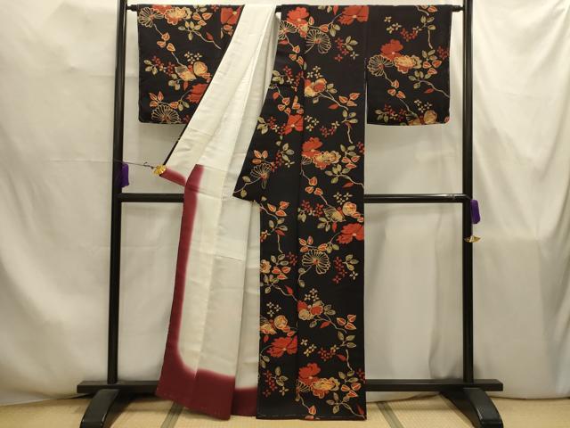 平和屋着物■上質な小紋　ろうけつ染め　枝花文　黒地　正絹　逸品　AABJ7837sx