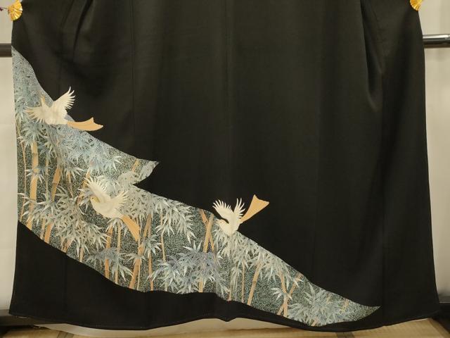 平和屋着物■豪華黒留袖　刺繍　笹竹飛鳥文　金糸　正絹　逸品　AABJ7843sx