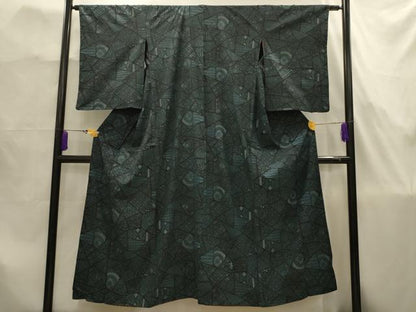 平和屋着物■アンティーク　大正ロマン　小紋　裂取花文　黒地　正絹　逸品　AABJ7859sx