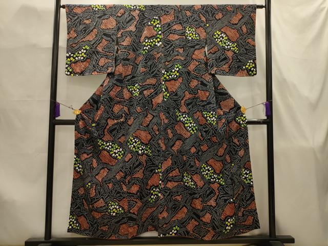 平和屋着物■上質な小紋　総絞り　幾何学文様　黒地　正絹　逸品　AABJ7862sx