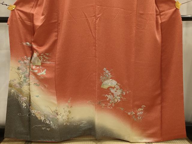 平和屋着物■訪問着　螺鈿　渡り橋飛鶴花文　暈し染め　金銀彩　正絹　逸品　AABJ7869sx
