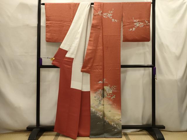 平和屋着物■訪問着　螺鈿　渡り橋飛鶴花文　暈し染め　金銀彩　正絹　逸品　AABJ7869sx