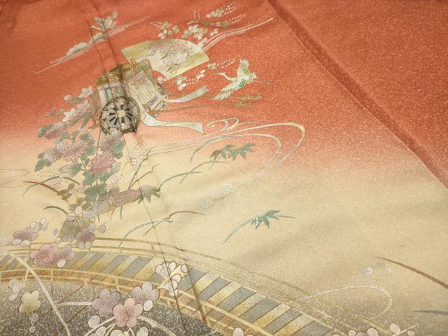平和屋着物■訪問着　螺鈿　渡り橋飛鶴花文　暈し染め　金銀彩　正絹　逸品　AABJ7869sx