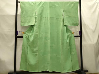平和屋着物■上質な色無地　霞取亀甲地紋　若緑色　正絹　逸品　AABJ7872sx
