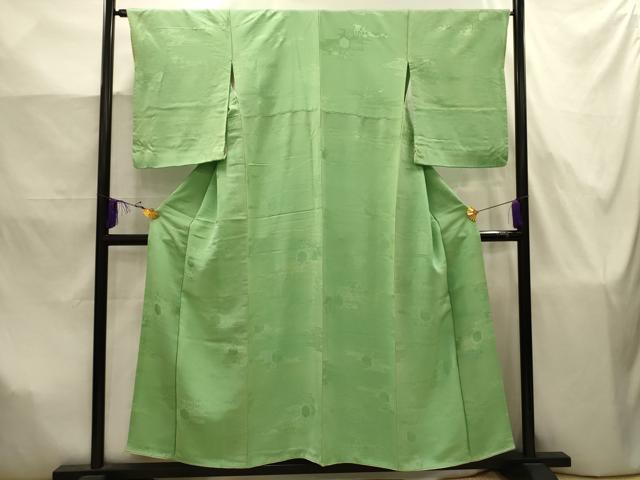 平和屋着物■上質な色無地　霞取亀甲地紋　若緑色　正絹　逸品　AABJ7872sx