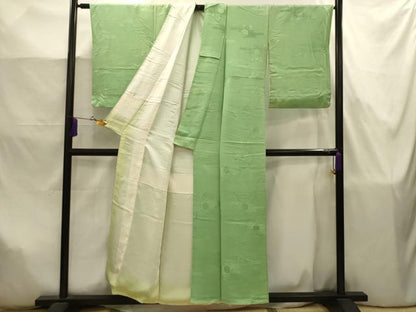 平和屋着物■上質な色無地　霞取亀甲地紋　若緑色　正絹　逸品　AABJ7872sx