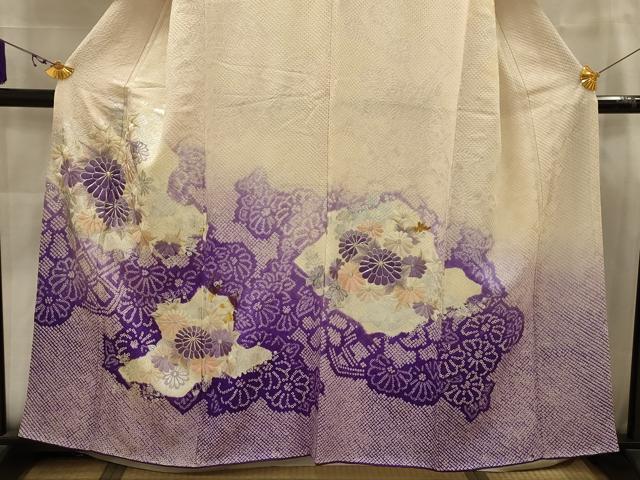 平和屋着物■訪問着　絞り　駒刺繍　草花文　銀彩　正絹　逸品　AABJ7887sx