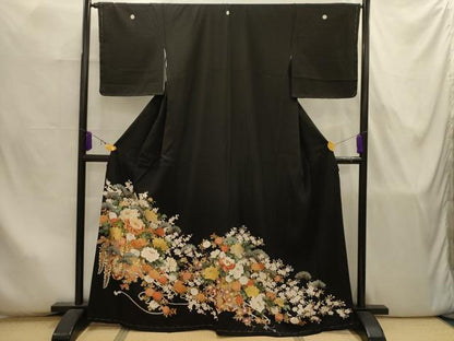 平和屋着物■豪華黒留袖　駒刺繍　花車文　金銀彩　正絹　逸品　AABJ7895sx