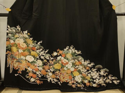 平和屋着物■豪華黒留袖　駒刺繍　花車文　金銀彩　正絹　逸品　AABJ7895sx